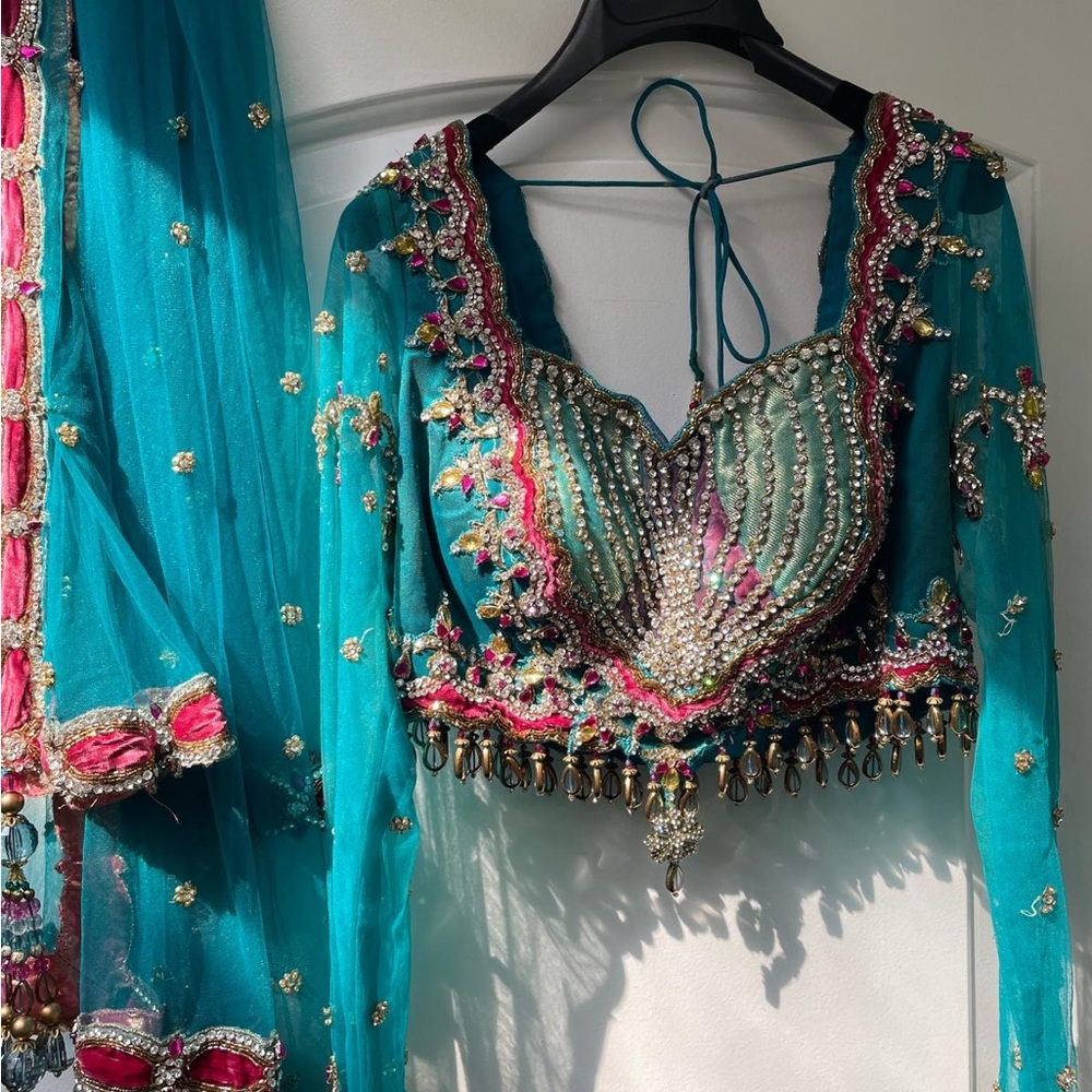 Embellished Teal and Pink Top Lengha - Picture 13 of 13